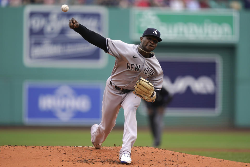 New York Yankees' Domingo German delivers a pitch against the Boston Red Sox in the first inning of a baseball game, Sunday, July 25, 2021, in Boston. (AP Photo/Steven Senne)