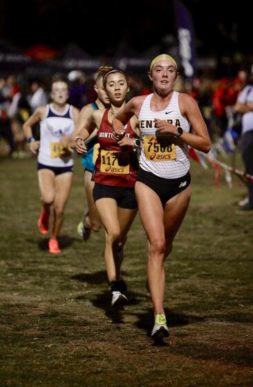 Ventura's Sadie Engelhardt moves into third place with a mile to go in the Woodbridge Classic girls sweepstakes race Saturday