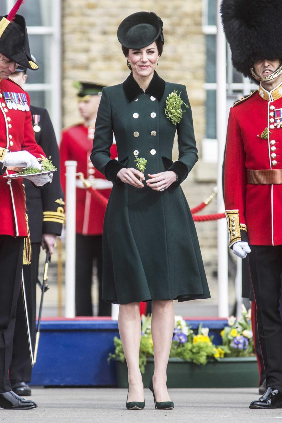 <p>Who: Catherine, Duchess of Cambridge</p><p>When: March 17, 2017 </p><p>What: Catherine Walker & Co. coat, Monica Vinader earrings</p><p>Why: In honor of St. Patrick's day, Kate Middleton went all out in a head-to-toe green look. She topped off her signature prim and proper style with the thoughtful addition of an Irish Guard Brooch. </p>