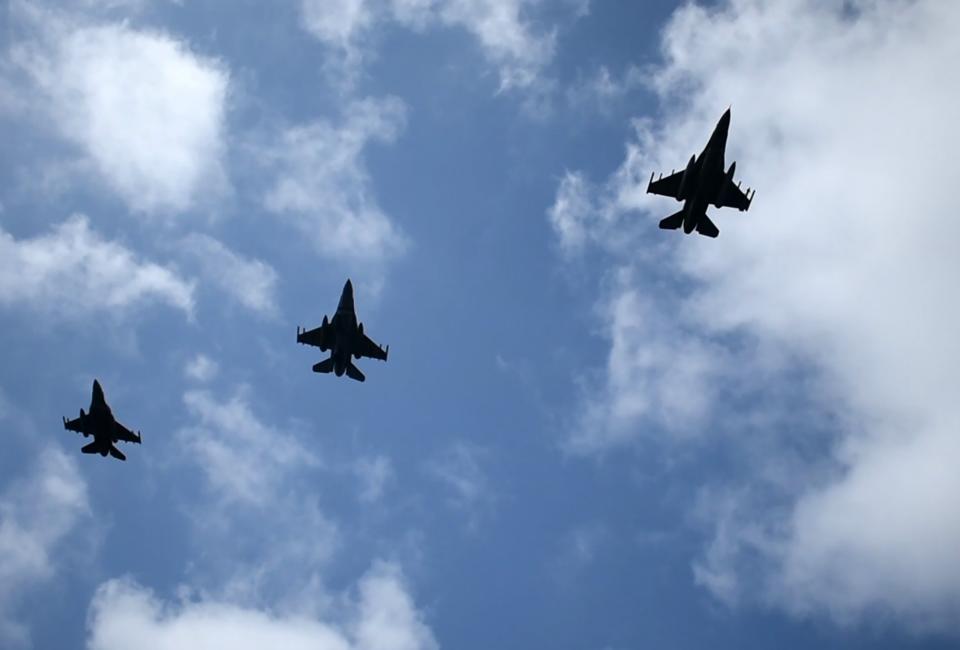 In this photo provided by the Greek Defense Ministry on Friday, Sept. 4, 2020, air force jets participate in a joined training drill with armed forces from Greece and the United Arab Emirates near the Greek island of Crete, southern Greece. Turkey's president on Saturday, Sept. 5, 2020, has warned Greece to enter talks over disputed eastern Mediterranean territorial claims or face the consequences. Ankara is currently facing off against Greece and Cyprus over oil and gas exploration rights in the eastern Mediterranean. All sides have deployed naval and air forces to assert their competing claims in the region. (Greek Defense Ministry via AP)