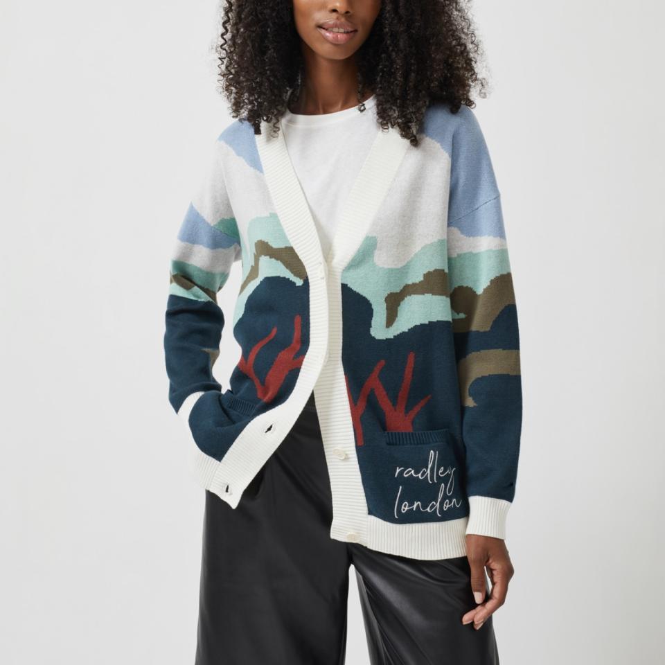 Model wears Scenic Intarsia Cardigan