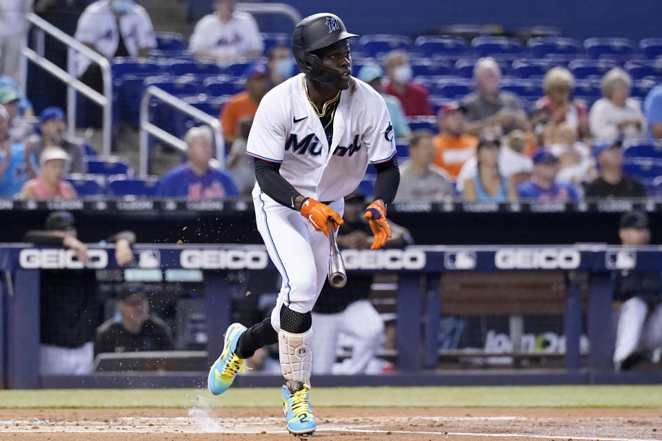 Miami Marlins' Jazz Chisholm Jr. runs after hitting a single during the first inning of a baseball game against the New York Mets, Thursday, Aug. 5, 2021, in Miami. (AP Photo/Lynne Sladky)