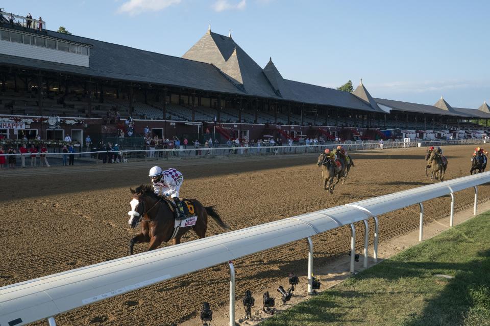 Tiz the Law (6), with Manny Franco up, wins the Travers Stakes horse race at Saratoga, Saturday, Aug. 8, 2020, in Saratoga Springs, N.Y. (Stacey Heatherington/NYRA via AP)