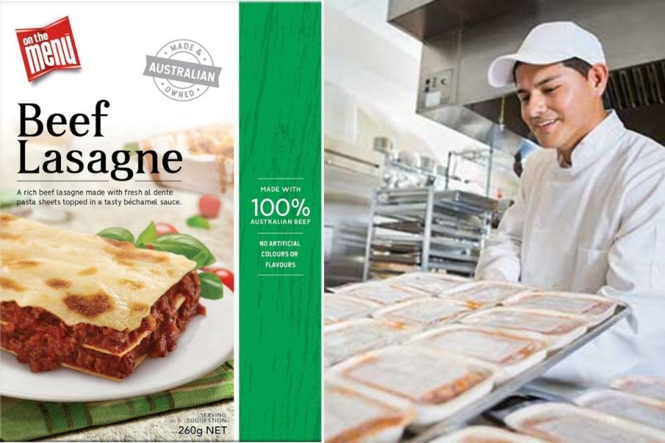 Side-by-side image. Left: On the Menu beef lasagne. Right: Vesco Foods workers prepare meals