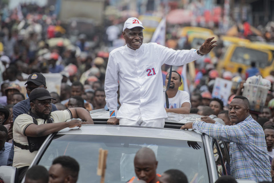 FILE - Congolese opposition presidential candidate Martin Fayulu greets well-wishers as he arrives for a rally in Goma, Democratic Republic of the Congo, on Nov. 30, 2023. The Dec. 20 vote features a familiar line-up of candidates: Tshisekedi is facing off against his nemesis from 2018, Martin Fayulu, who later challenged the results in court but lost. (AP Photo/Moses Sawasawa, File)