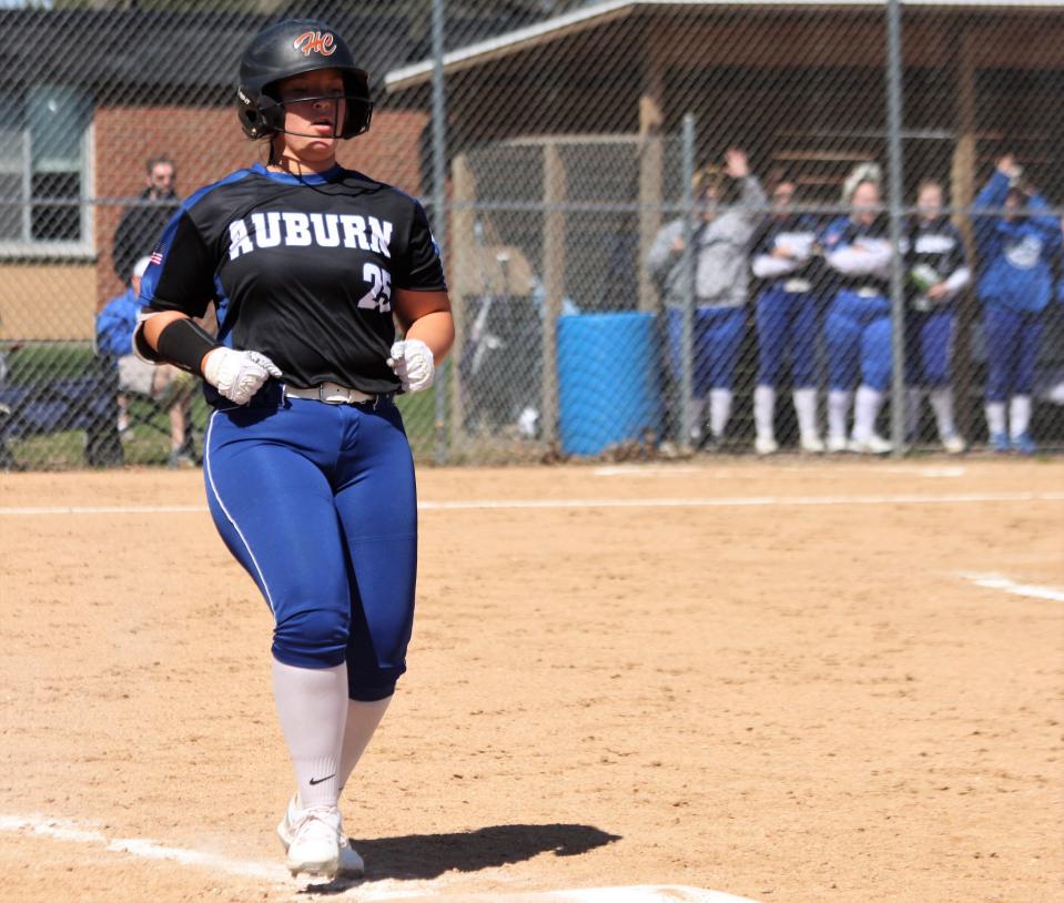 Auburn/Lutheran sophomore Meena Taylor safely reaches first base on a single during a nonconference home game against Pleasant Hill on Saturday, April 8, 2023.