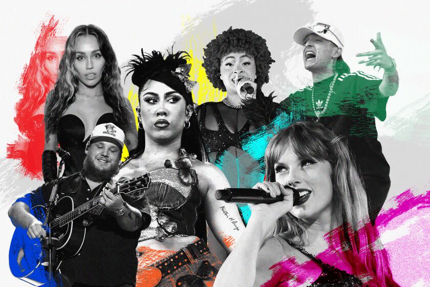 Clockwise from bottom left, Luke Combs, Miley Cyrus, Kali Uchis, Ice Spice, Peso Pluma and Taylor Swift