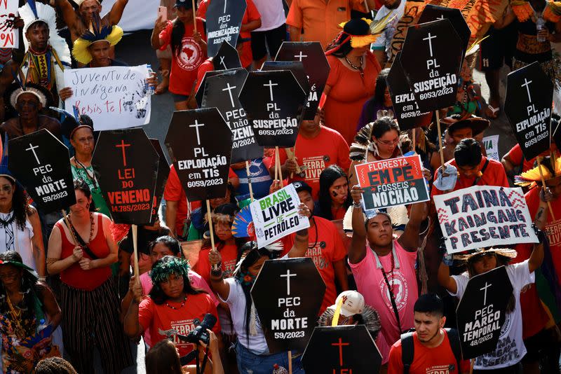 Indigenous people take part in the Terra Livre (Free Land) protest in Brasilia