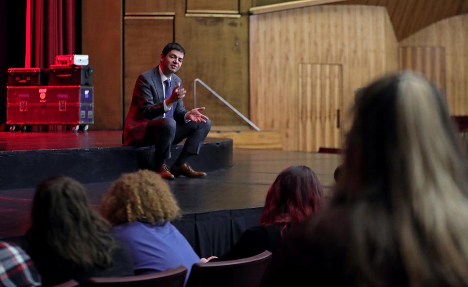 Dan Nimmer, pianist for the Jazz at Lincoln Center Orchestra, answers questions from students after a sound check at E.J. Thomas Hall Saturday, April 20, 2024, in Akron, Ohio.