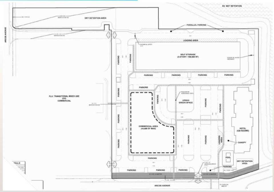 Estero Storage LLC is asking for a zoning amendment to replace assisted living facility/74,766 square feet of commercial with 110,000 square feet of self storage, 120 hotel rooms and 18,000 square feet of commercial on a 7-acre vacant site east of the Estero Medical Center, off Arcos Avenue.