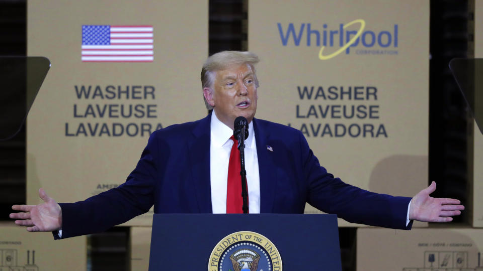 President Donald Trump speaks during an event at the Whirlpool Corporation Manufacturing Plant in Clyde, Ohio in August. (Tony Dejak/AP)