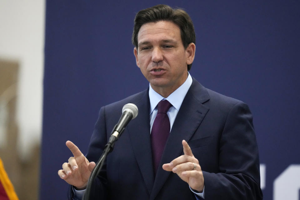 Republican presidential candidate Florida Gov. Ron DeSantis gestures during a campaign event.