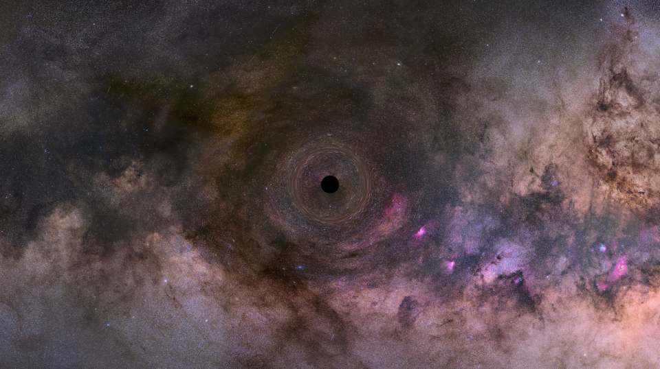 An illustration of a close-up look at a black hole drifting through the Milky Way galaxy.