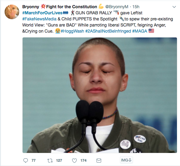 A Twitter user mocks Parkland shooting survivor Emma Gonzales, calling her a puppet and accusing her of crying on cue.