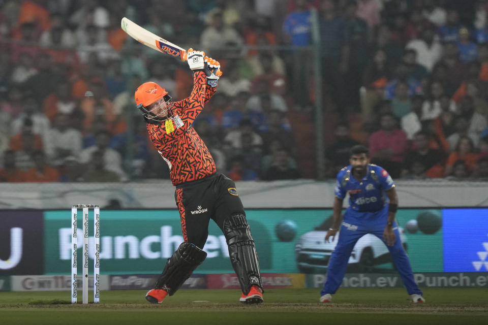 Sunrisers Hyderabad's Heinrich Klaasen plays a shot during the Indian Premier League cricket tournament between Sunrisers Hyderabad and Mumbai Indians in Hyderabad, India, Wednesday, March 27, 2024.(AP Photo/Mahesh Kumar A.)
