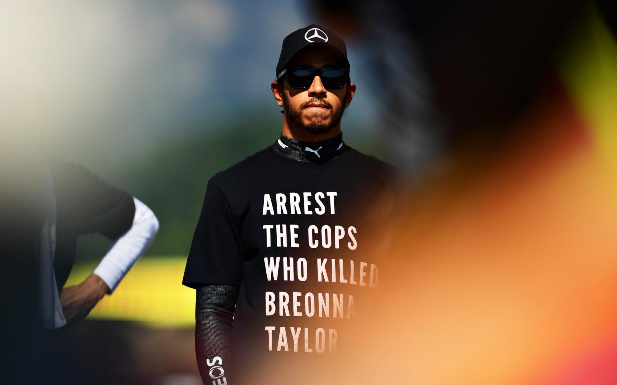 Lewis Hamilton of Great Britain and Mercedes GP wears a shirt in tribute to the late Breonna Taylor on the grid before the F1 Grand Prix of Tuscany at Mugello Circuit on September 13, 2020 in Scarperia, Italy -  Mario Renzi - Formula 1