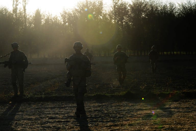 US soldiers on patrol near Baraki Barak base in Afghanistan's Logar Province on October 11, 2012