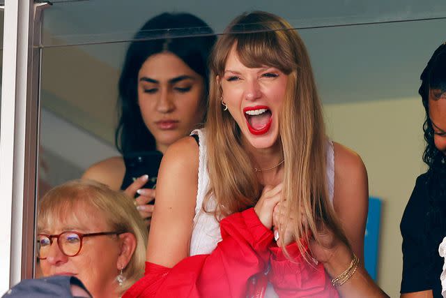 <p>David Eulitt/Getty</p> Taylor Swift smiles during a game between the Chicago Bears and the Kansas City Chiefs at GEHA Field at Arrowhead Stadium on Sept. 24, 2023 in Kansas City, Missouri