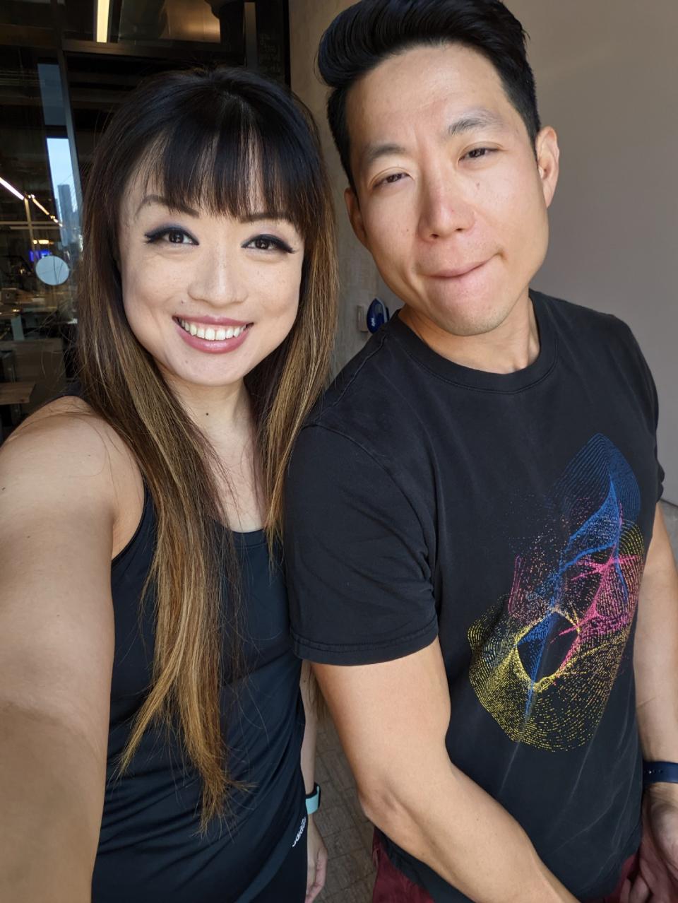 <p>A picture from the Pixel 6a's front camera, featuring a smiling woman and a slightly smiling man.</p>
