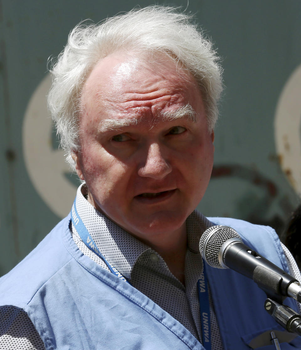 Matthias Schmale, UNRWA's director in Gaza, joins a news conference in front of the UNRWA building in Gaza City, Wednesday, May 19, 2021. (AP Photo/Adel Hana)