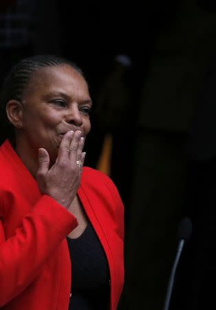 Outgoing French Justice Minister Christiane Taubira reacts as she leaves after a handover ceremony at the Justice Ministry in Paris, France, January 27, 2016. REUTERS/Christian Hartmann