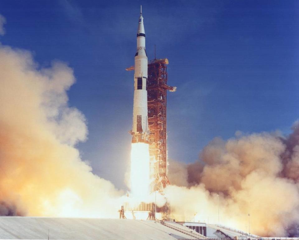 The Apollo 11 Saturn V lifts off with astronauts Neil Armstrong, Michael Collins and Edwin 