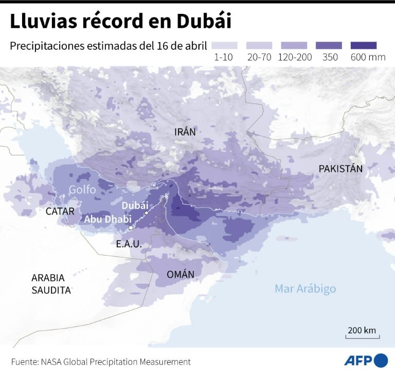 Mapa de Oriente Medio mostrando las precipitaciones del 16 de abril de 2024 en Dubái (Jonathan Walter, Laurence Saubadu)