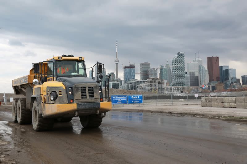 A truck leaves an Eastern Waterfront work site in Toronto