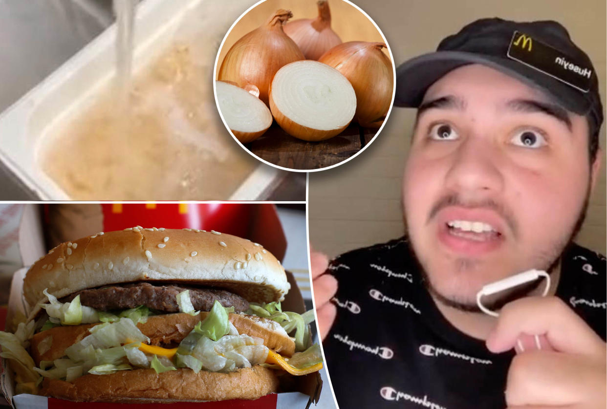 (Top left) Screenshot of MacDonald's onion prep. (Bottom left) Big Mac sandwich. (Right) TikTok user and McDonald's chef Huseyin. (Inset) An onion.