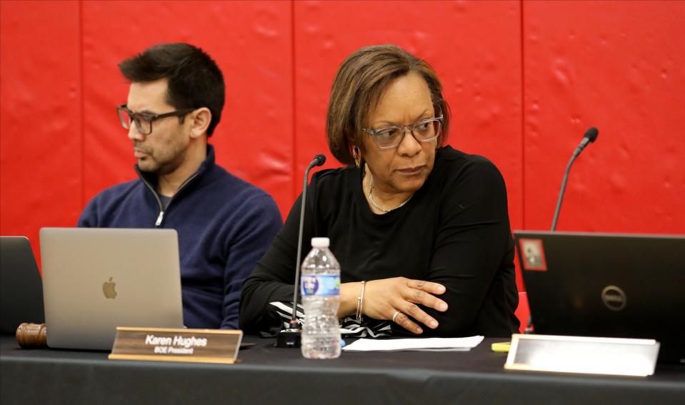 Karen Hughes, Nyack Board Education president, is pictured at the Nyack school board meeting at Nyack Middle School, March 19, 2024.
