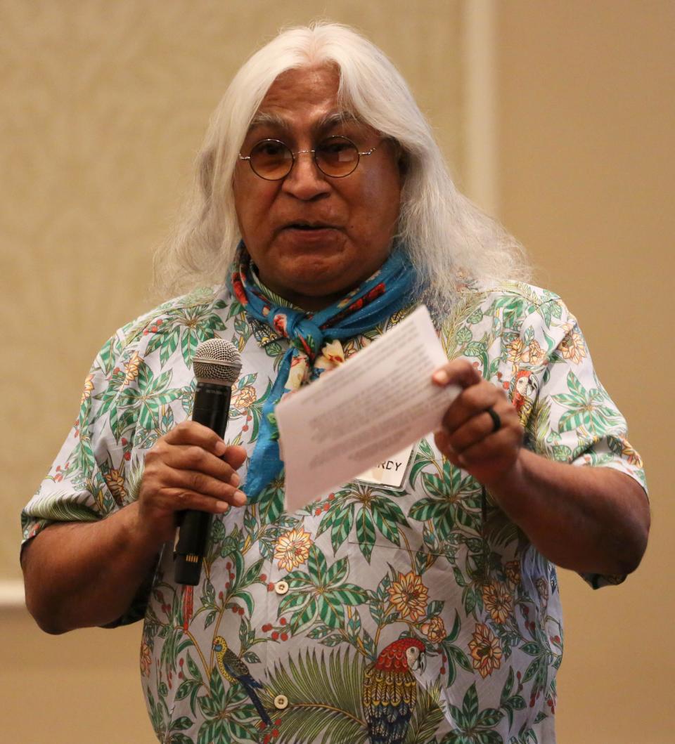 Professor Cornel Pewewardy of Indigenous Studies at Portland State University speaks during the education panel at the Sovereignty Symposium at the Skirvin Hilton Oklahoma City in Oklahoma City, Wednesday, June, 14, 2023.