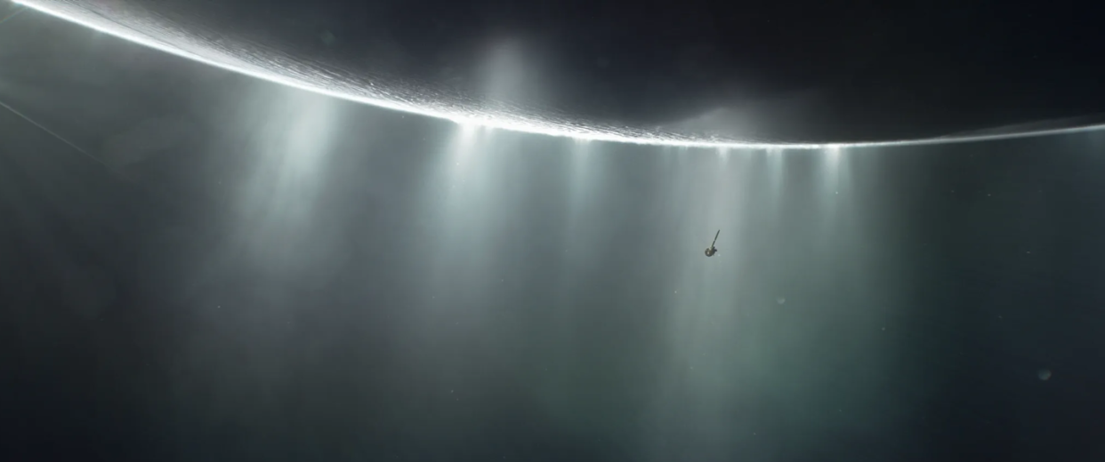 Scientists could one day find traces of life on Enceladus, an ocean-covered moon orbiting Saturn. <a href="https://science.nasa.gov/resource/enceladus-plume/" rel="nofollow noopener" target="_blank" data-ylk="slk:NASA/JPL-Caltech;elm:context_link;itc:0;sec:content-canvas" class="link ">NASA/JPL-Caltech</a>, <a href="http://creativecommons.org/licenses/by-sa/4.0/" rel="nofollow noopener" target="_blank" data-ylk="slk:CC BY-SA;elm:context_link;itc:0;sec:content-canvas" class="link ">CC BY-SA</a>