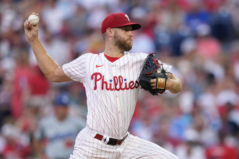 Philadelphia Phillies' Zack Wheeler pitches during the third inning of a baseball game against the Los Angeles Dodgers, Tuesday, July 9, 2024, in Philadelphia. (AP Photo/Matt Slocum)