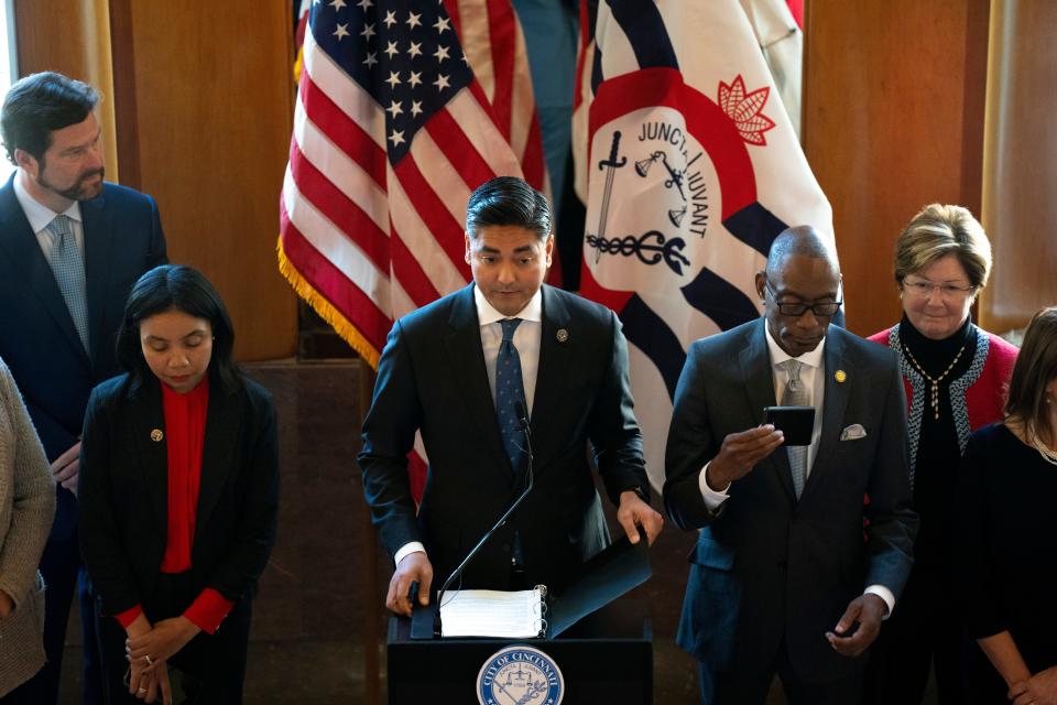 Mayor Aftab Pureval speaks during a press conference in November announcing the proposed sale of Cincinnati Southern Railway to Norfolk Southern Corp.