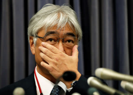 KYB Corp. Senior Managing Executive Officer Keisuke Saito attends a news conference with Kayaba System Machinery Co. President Shigeki Hirokado (not in picture) at the Land, Infrastructure, Transport and Tourism Ministry in Tokyo, Japan October 19, 2018. REUTERS/Issei Kato