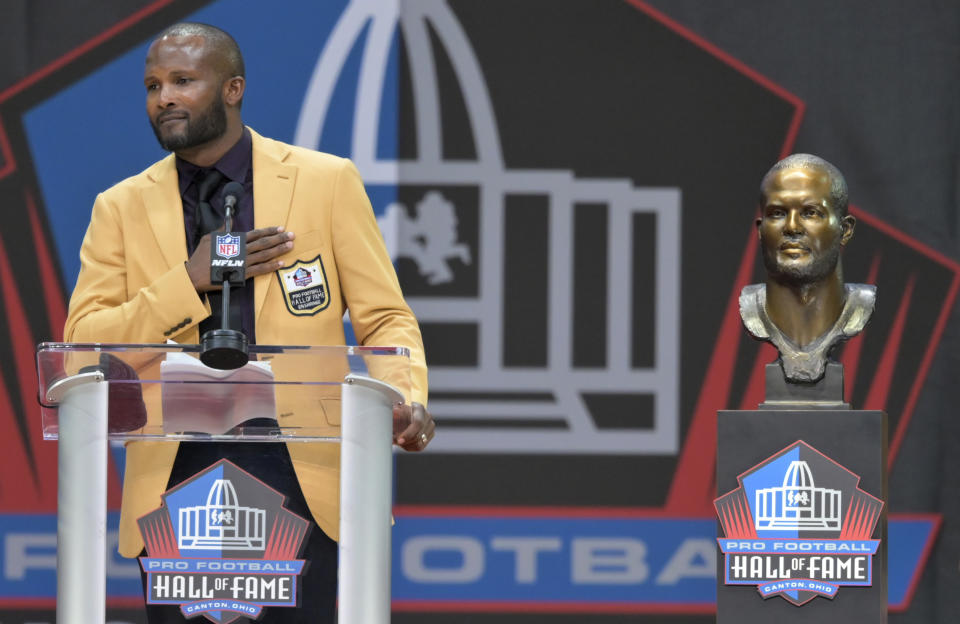 FILE - Former NFL player Champ Bailey speaks during the induction ceremony at the Pro Football Hall of Fame, Saturday, Aug. 3, 2019, in Canton, Ohio. A rare star for star trade was made in 2004, when Washington dealt four-time Pro Bowl cornerback Champ Bailey to Denver for Clinton Portis. (AP Photo/David Richard, File)