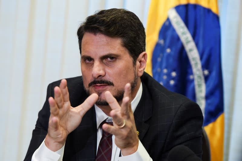 Brazilian senator Marcos do Val speaks during a news conference in Brasilia