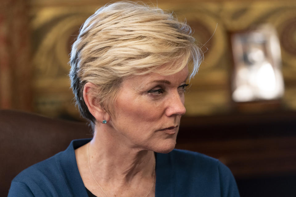 Energy Secretary Jennifer Granholm attends the inaugural meeting of the Task Force on Worker Organizing and Empowerment, in Harris' ceremonial office, Thursday, May 13, 2021, on the White House complex in Washington. (AP Photo/Jacquelyn Martin)