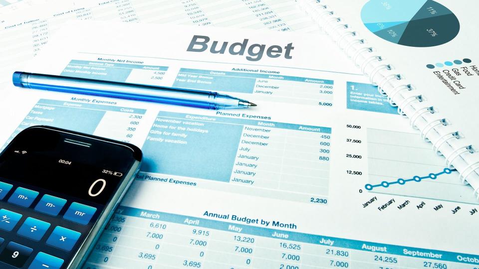 Budget planing with calculator and pie charts.