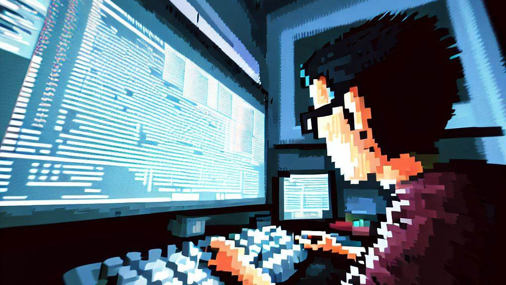  A person sat at a computer in a pixel art style 