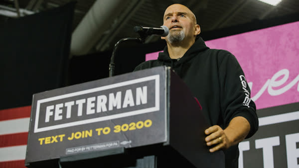John Fetterman, lieutenant governor of Pennsylvania and Democratic Senate candidate, speaks at a rally.