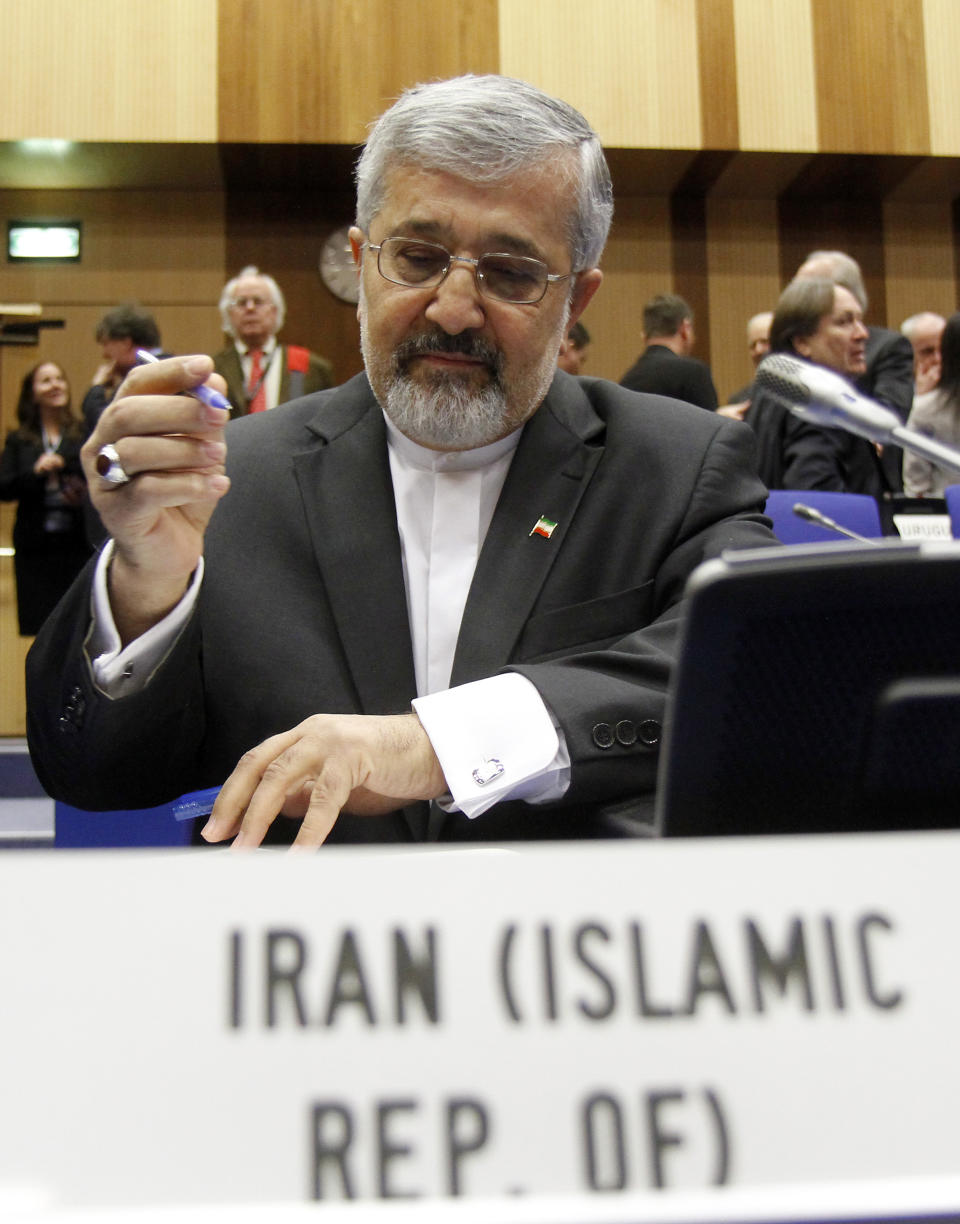 Iran's ambassador to the International Atomic Energy Agency, IAEA, Ali Asghar Soltanieh waits for the start of the IAEA board of governors meeting at the International Center, in Vienna, Austria, on Thursday, March 8, 2012. (AP Photo/Ronald Zak)