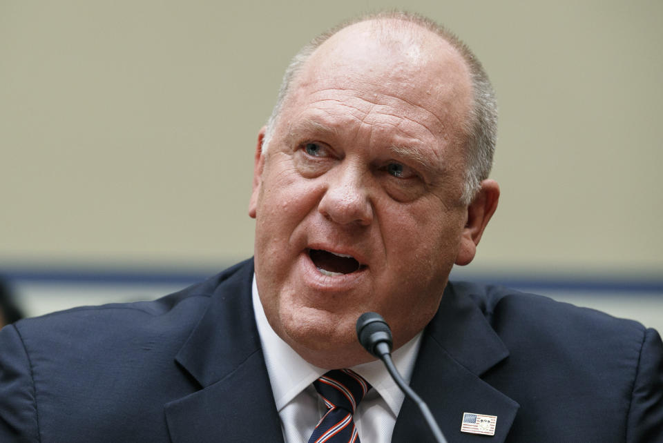 Thomas Homan, former Acting Director of the U.S. Immigration and Customs Enforcement, testifies during a House Oversight subcommittee hearing into the Trump administration's decision to stop considering requests from immigrants seeking to remain in the country for medical treatment and other hardships, Wednesday, Sept. 11, 2019, in Washington. (AP Photo/Jacquelyn Martin)