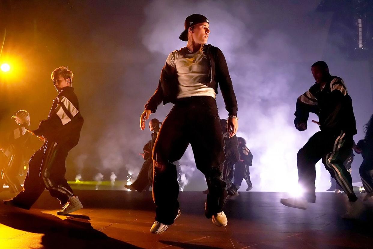 Justin Bieber performs onstage during the "Justice World Tour" at Pechanga Arena on February 18, 2022 in San Diego, California.