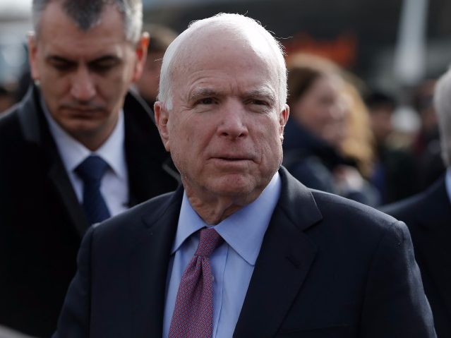 U.S. Senator John McCain arrives on a visit at a migrant center near the village of Adasevci, Serbia February 12, 2016.</p>
<p>  REUTERS/Marko Djurica  