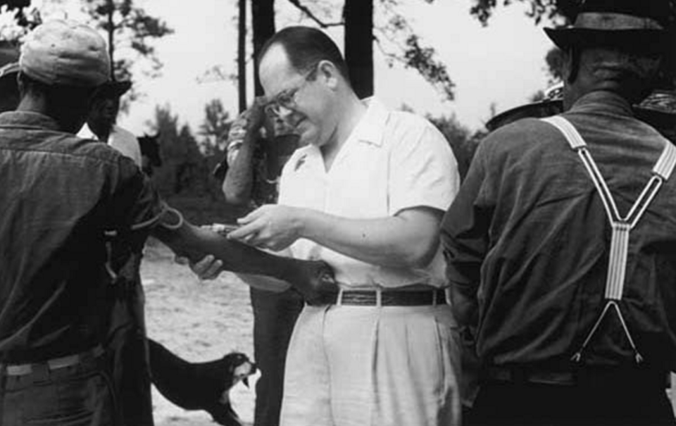 The Public Health Service and the Tuskegee Institute initially recruited 600 men and told them they were receiving free health care. The study’s purpose was to observe the natural progress of untreated syphilis in African American men that lived in rural areas. When funding was cut, the experiment was continued without telling the participants they would never receive treatment. (National Archives)