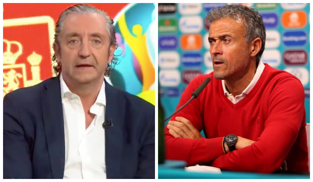 Josep Pedrerol en 'El chiringuito de jugones'; Luis Enrique en rueda de prensa. (Fuentes: Twitter/@elchiringuitotv; UEFA/UEFA vía Getty Images)