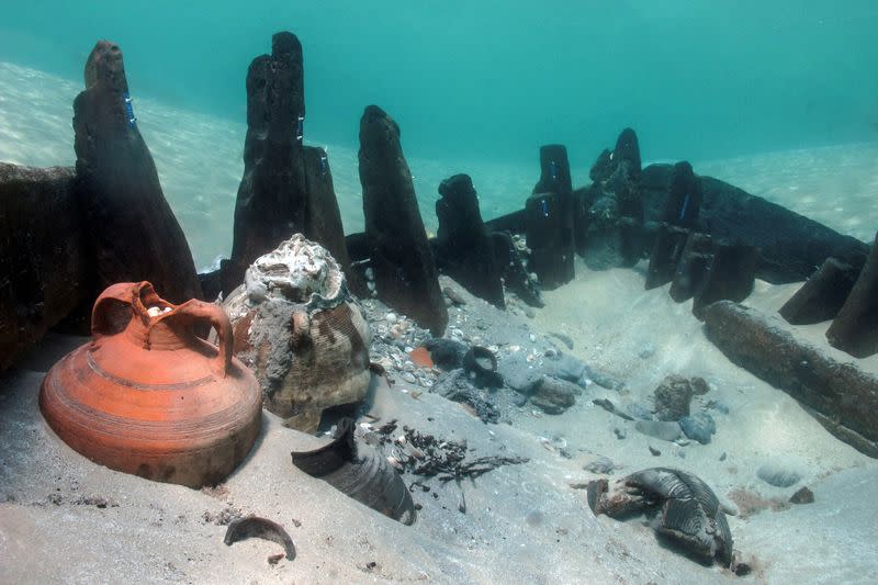 A view of the excavation of an ancient cargo ship, which is believed to have carried goods from all over the Mediterranean