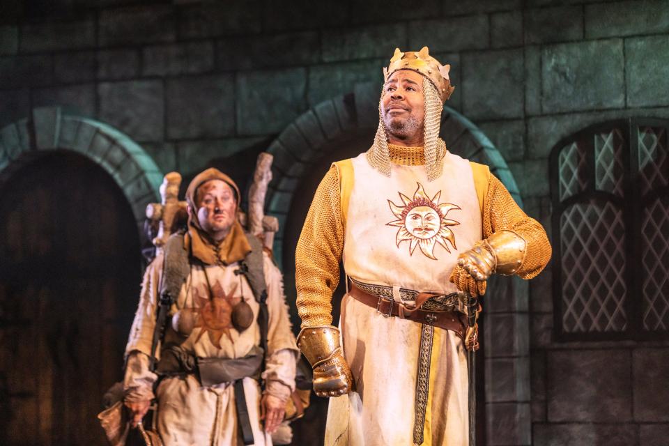 Christopher Fitzgerald, left, and James Monroe Iglehart in "Spamalot," which features contemporary nods to Rihanna and Angela Bassett.