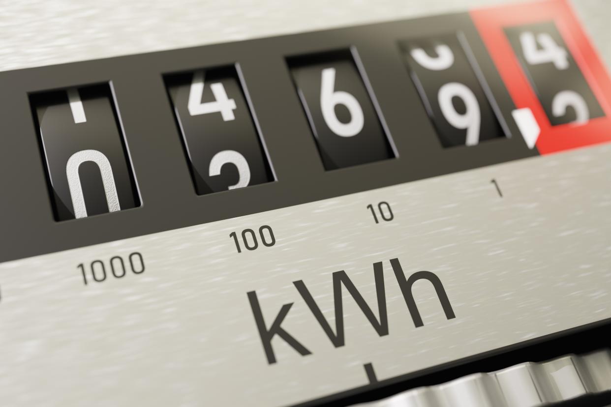 Close-up view on electrometer measuring electricity consumption. 3D rendered illustration.